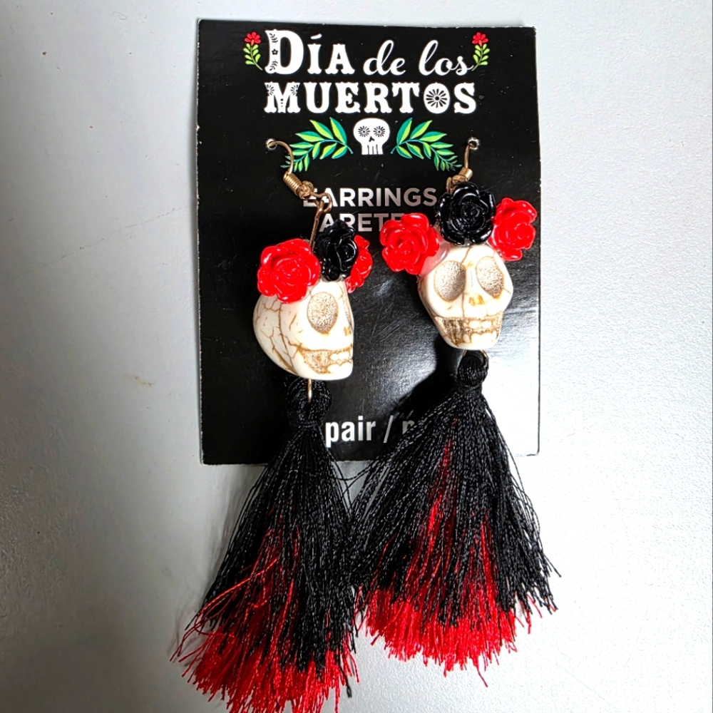 Día de los Muertos Skull Earrings with Red and Black Tassels